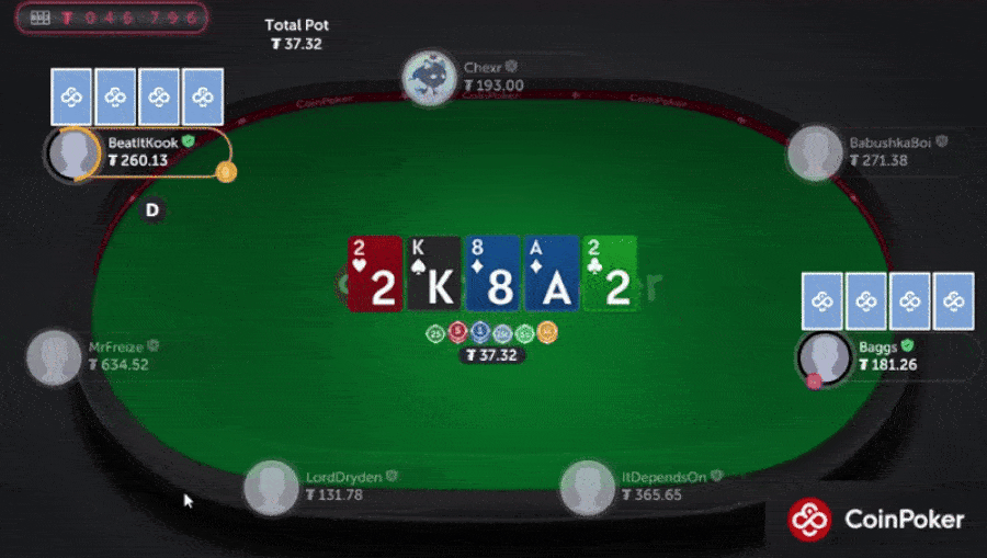 One player creates a full house in a PLO game, using Kd Kh and Ks 2h 2c.